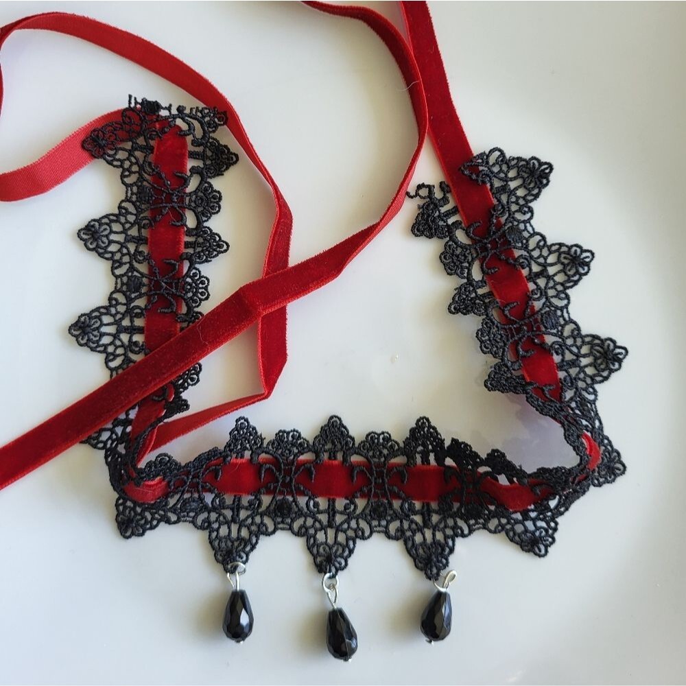 Black Lace & Red Velvet Gothic Choker with Bead Drops
